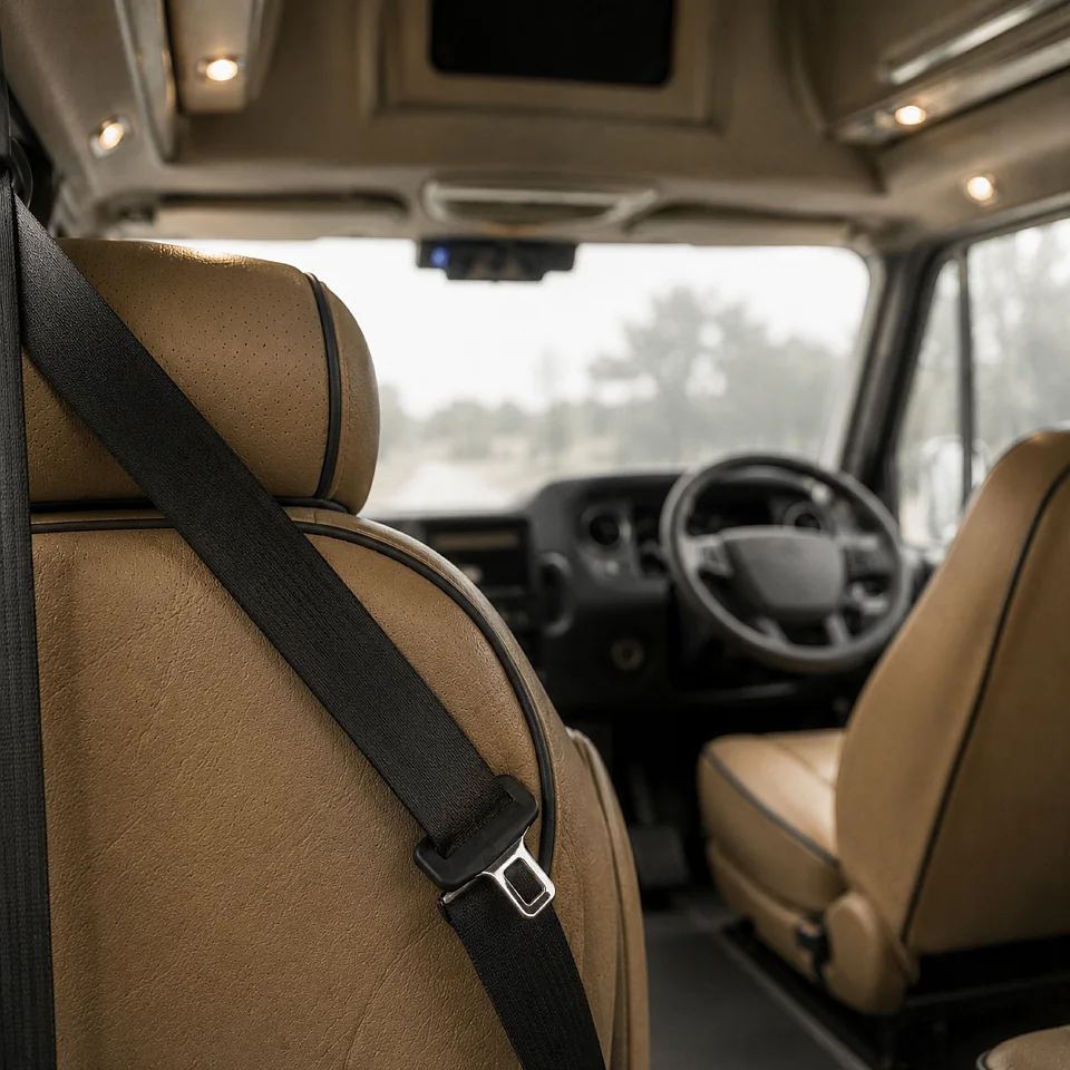 A three point seatbelt buckled across a seat in the front cabin