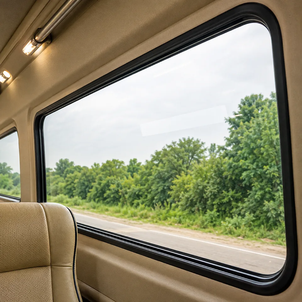 A sealed panoramic side window seen from inside the cabin