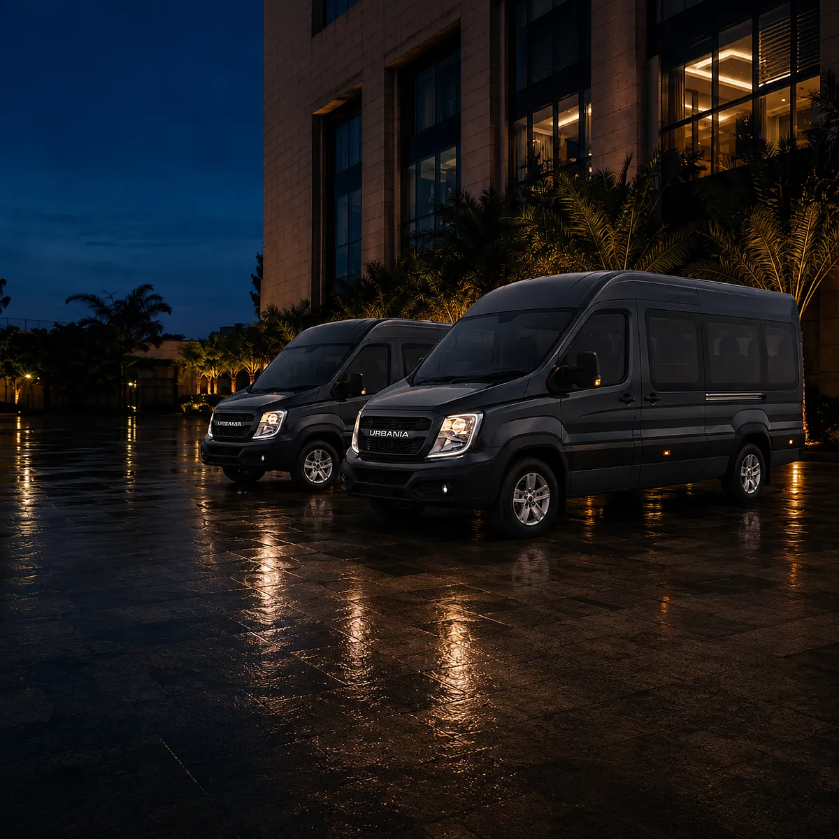 Two Force Urbanias parked together on a wet forecourt outside a lit building at blue hour
