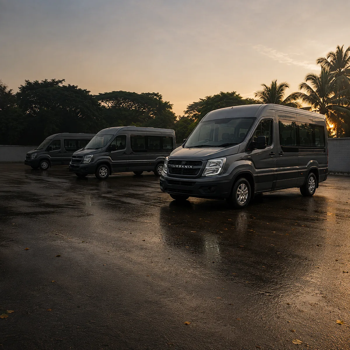 Three Force Urbanias of different lengths parked in a row on a wet yard at sunrise