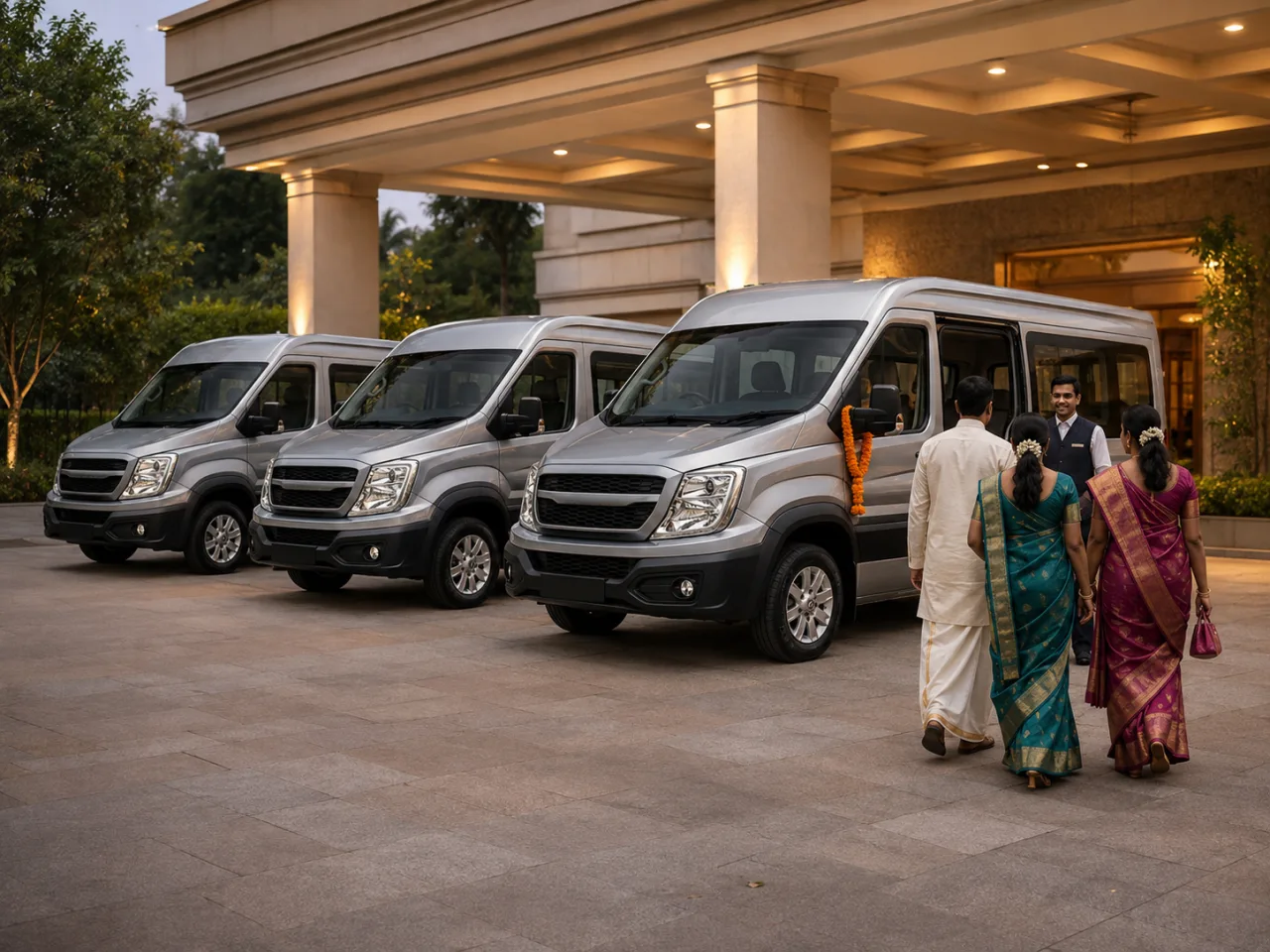 Three Force Urbanias lined up at a wedding venue portico, guests walking to the first