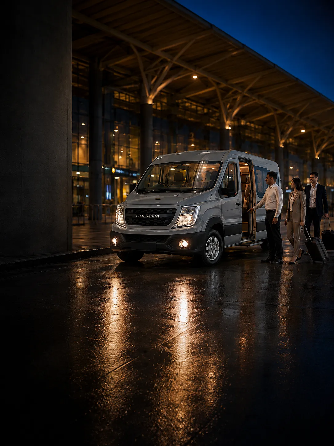 A Force Urbania waiting at an airport terminal kerb at dusk, the driver holding the door open