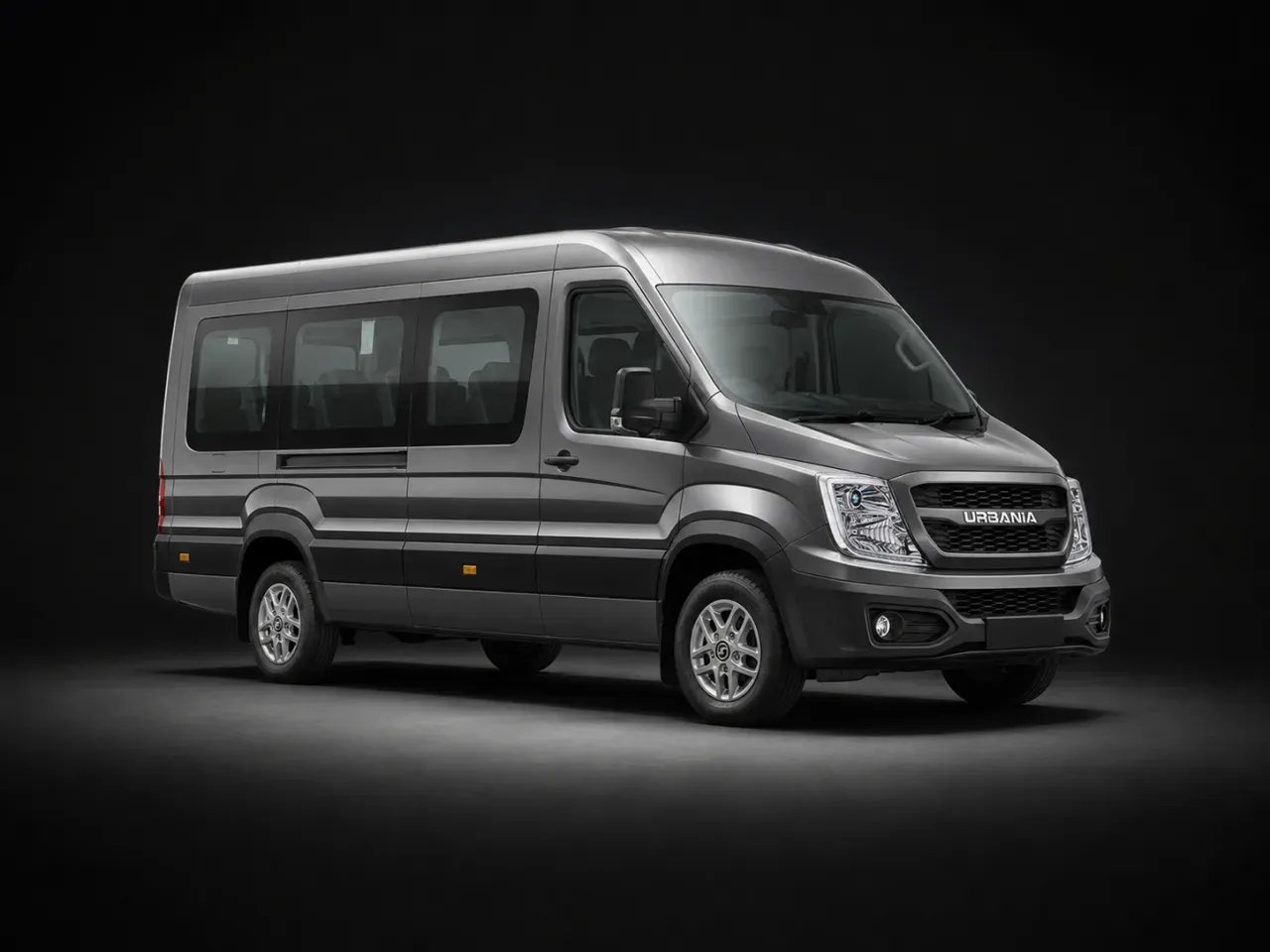 A 10 seater Force Urbania in near profile against a dark studio backdrop